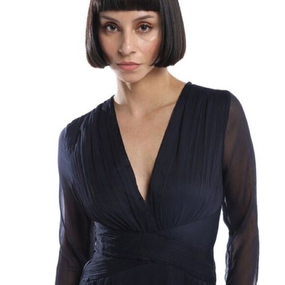 ASOS Navy Blue V-Neck Semi Sheer Evening Maxi Gown Dress - Picture 3 of 10